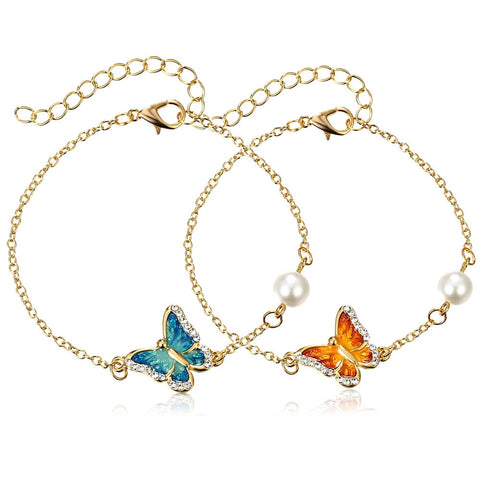 Fashion Link Bracelet with Oil Painted Butterfly Charm Bangles Imitation Pearl Wedding Bridal Bracelets Birthday Jewelry Gift